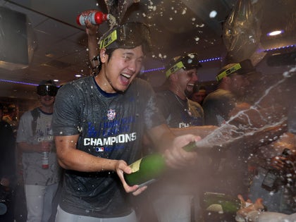 Shohei Ohtani Spraying Champagne In A Locker Room