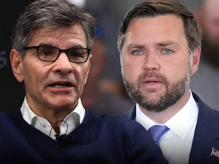 George Stephanopoulos and J.D. Vance are seen next to each other. George is wearing a navy blue sweater and a white shirt, while J.D.'s wearing a blue jacket, a white shirt, and a patterned tie.