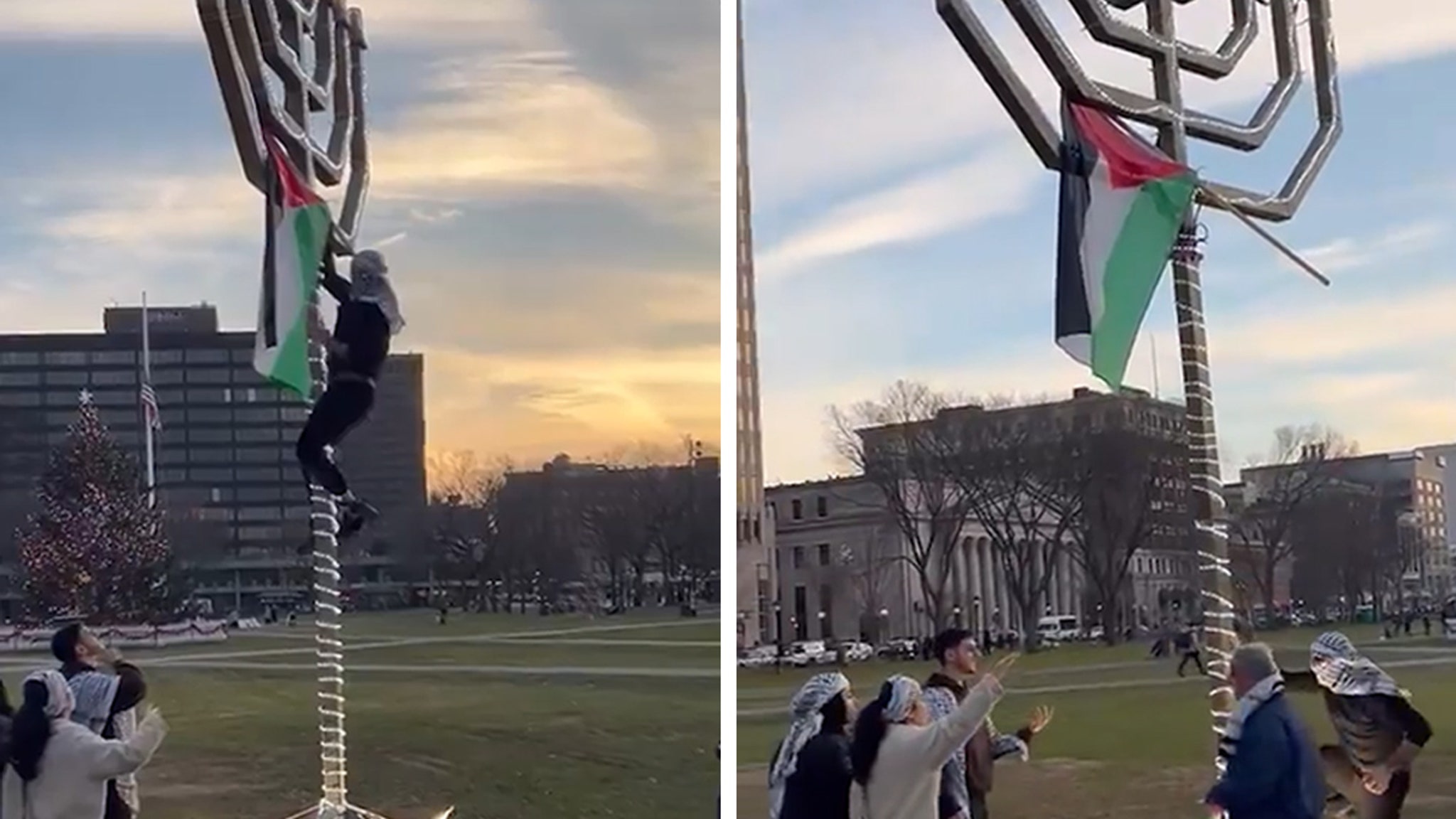 Un étudiant pro-palestinien de Yale escalade la menorah et plante le drapeau palestinien