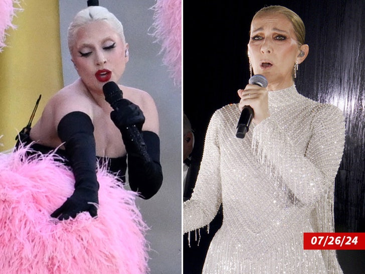 Celine Dion performs alongside Lady Gaga