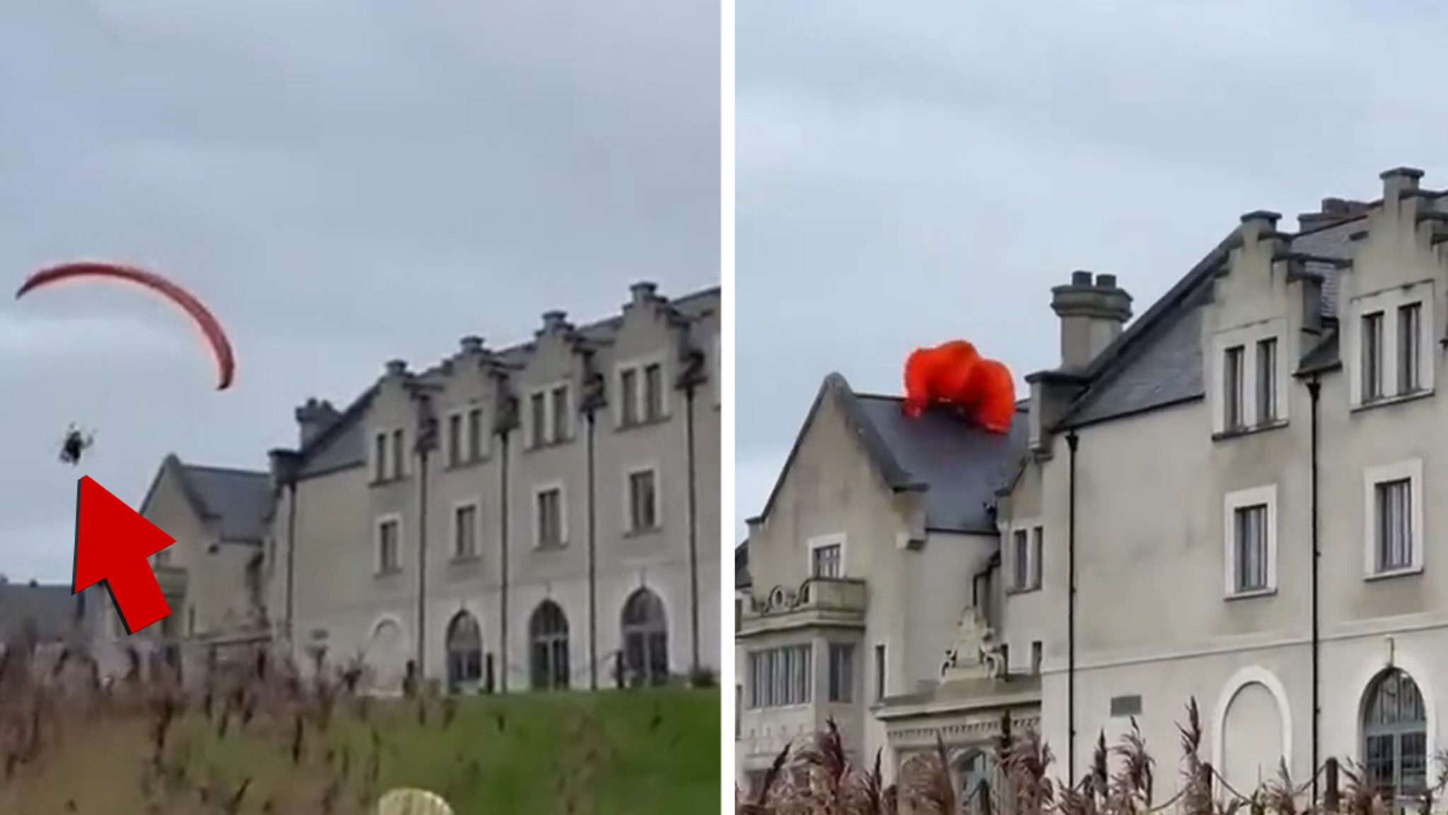 Paraglider stort neer op hoteldak en bungelt gevaarlijk, op video