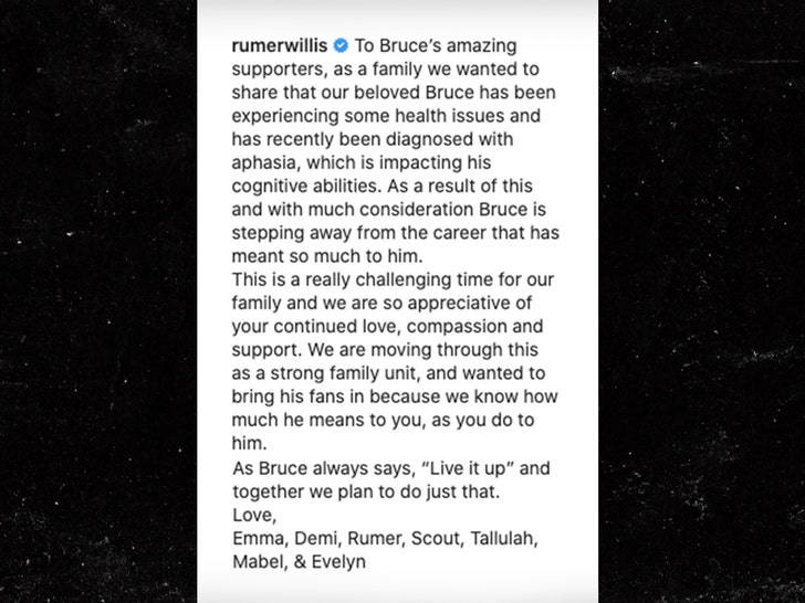 Rumer Willis posts about Bruce's aphasia on Instagram