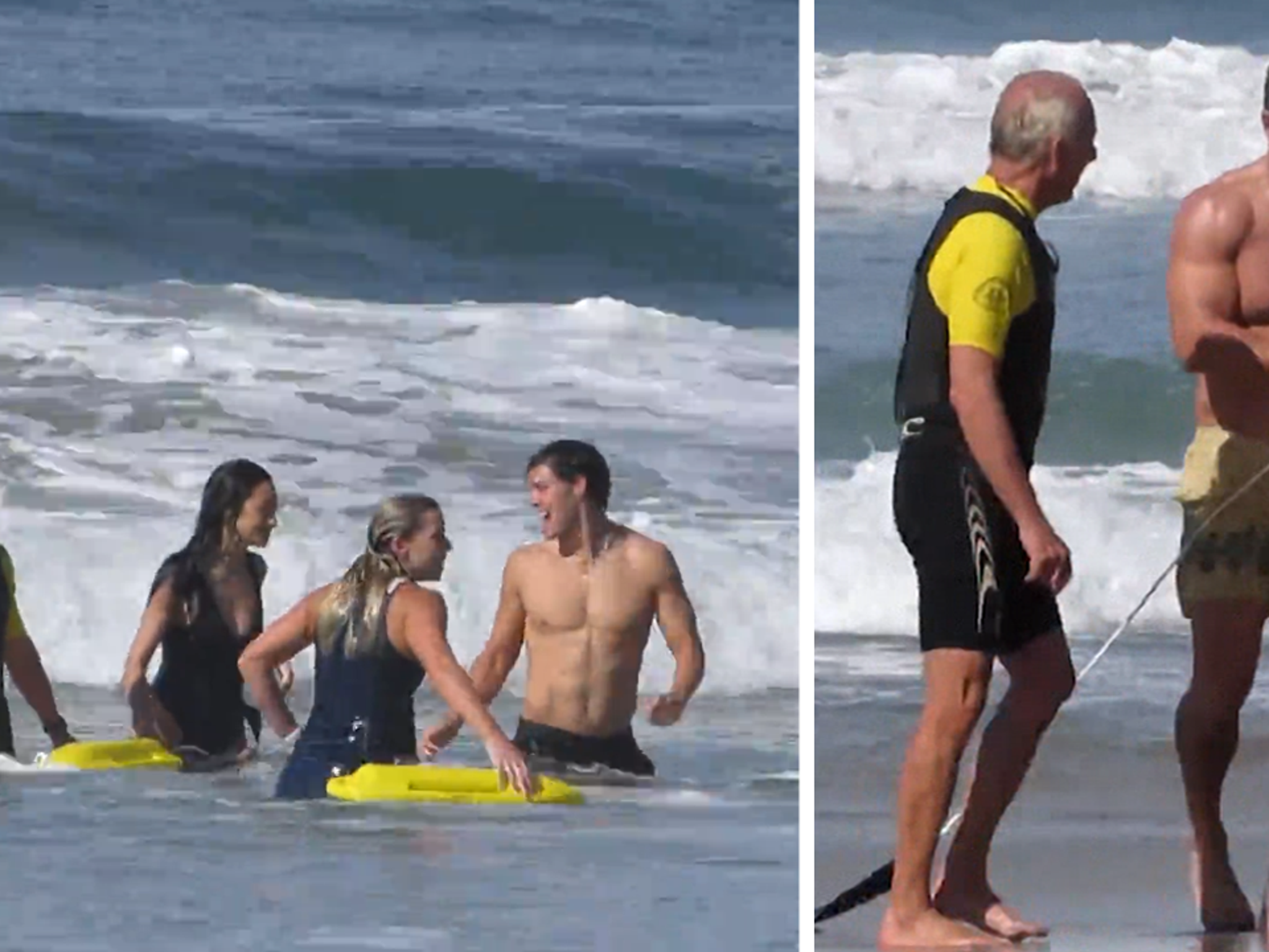 Shay Mitchell and Baywatch 2026 cast training on the beach in Los Angeles with yellow rescue boards