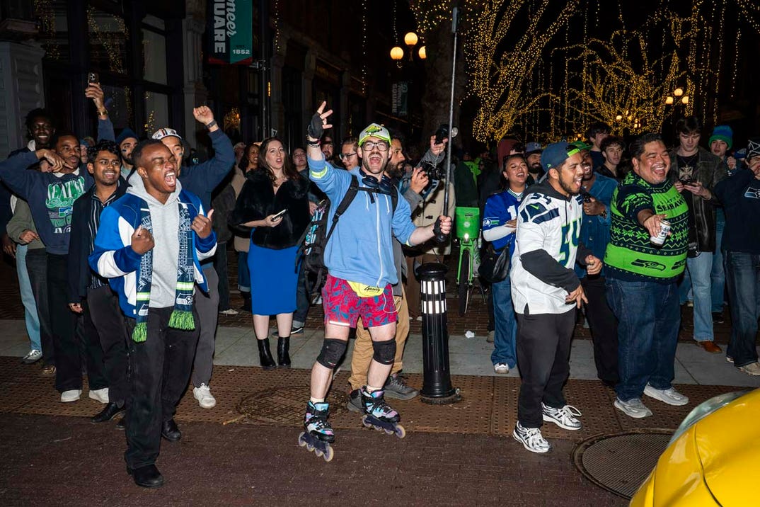 Seattle Seahawks fans celebrate Super Bowl win