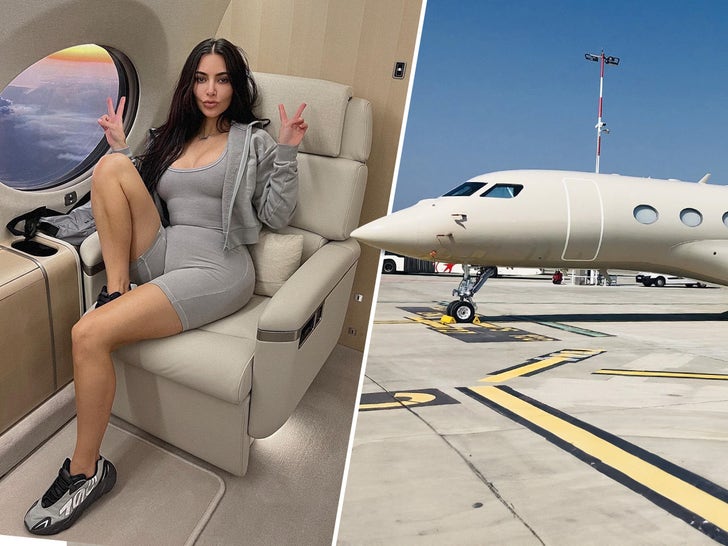 Kim Kardashian's private jet is a $150 million G650ER aircraft ... the same one Jeff Bezos uses. Kim's customized her jet to her liking ... she calls it "Kim Air" and it comes with a freezer and she likes to serve her guests waffles, among other in-flight goodies. Just don't try to board with a fresh spray tan, as Kendall Jenner once found out.