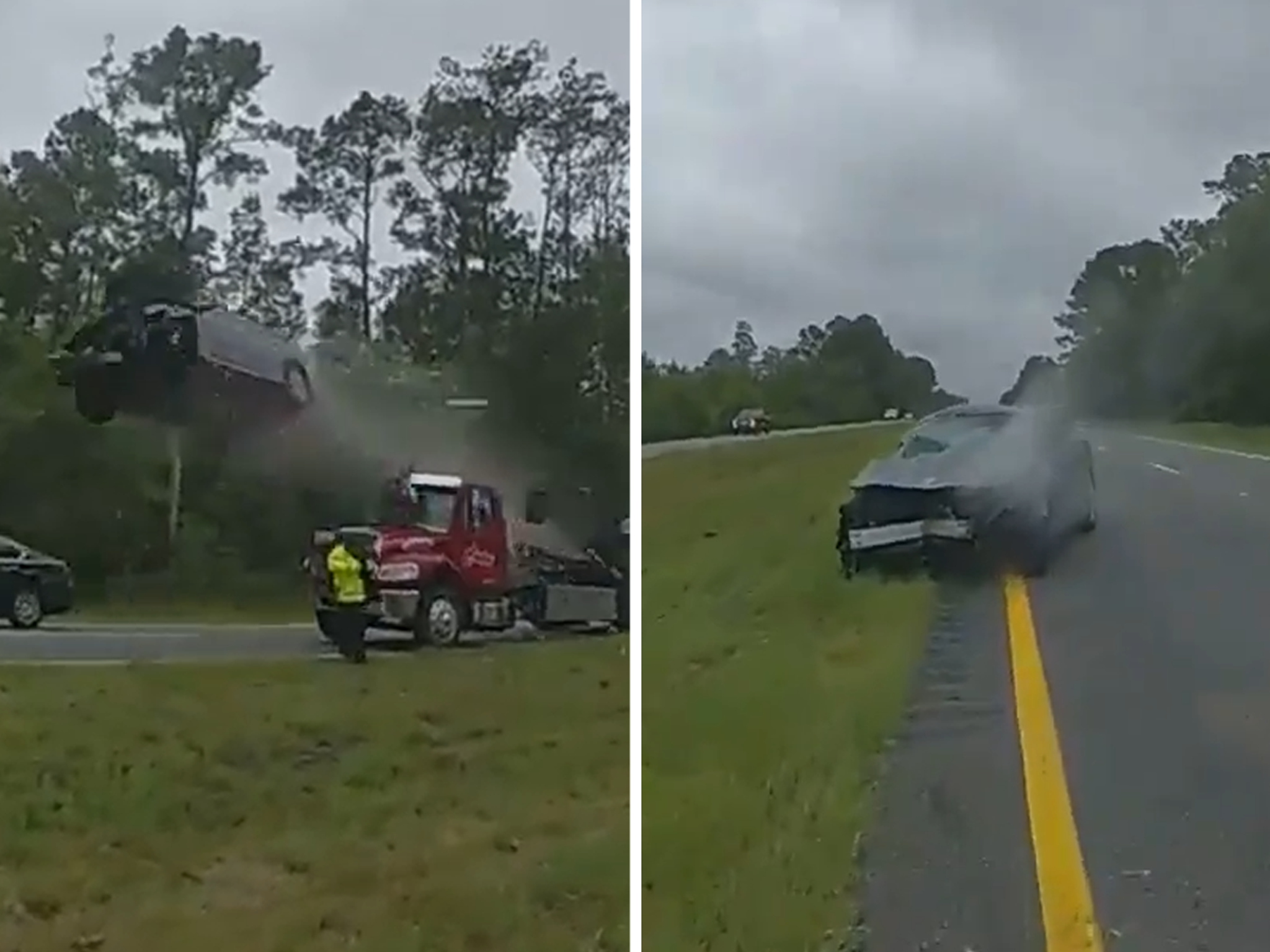 Video: Georgia car crash goes viral after vehicle flies off tow truck ramp