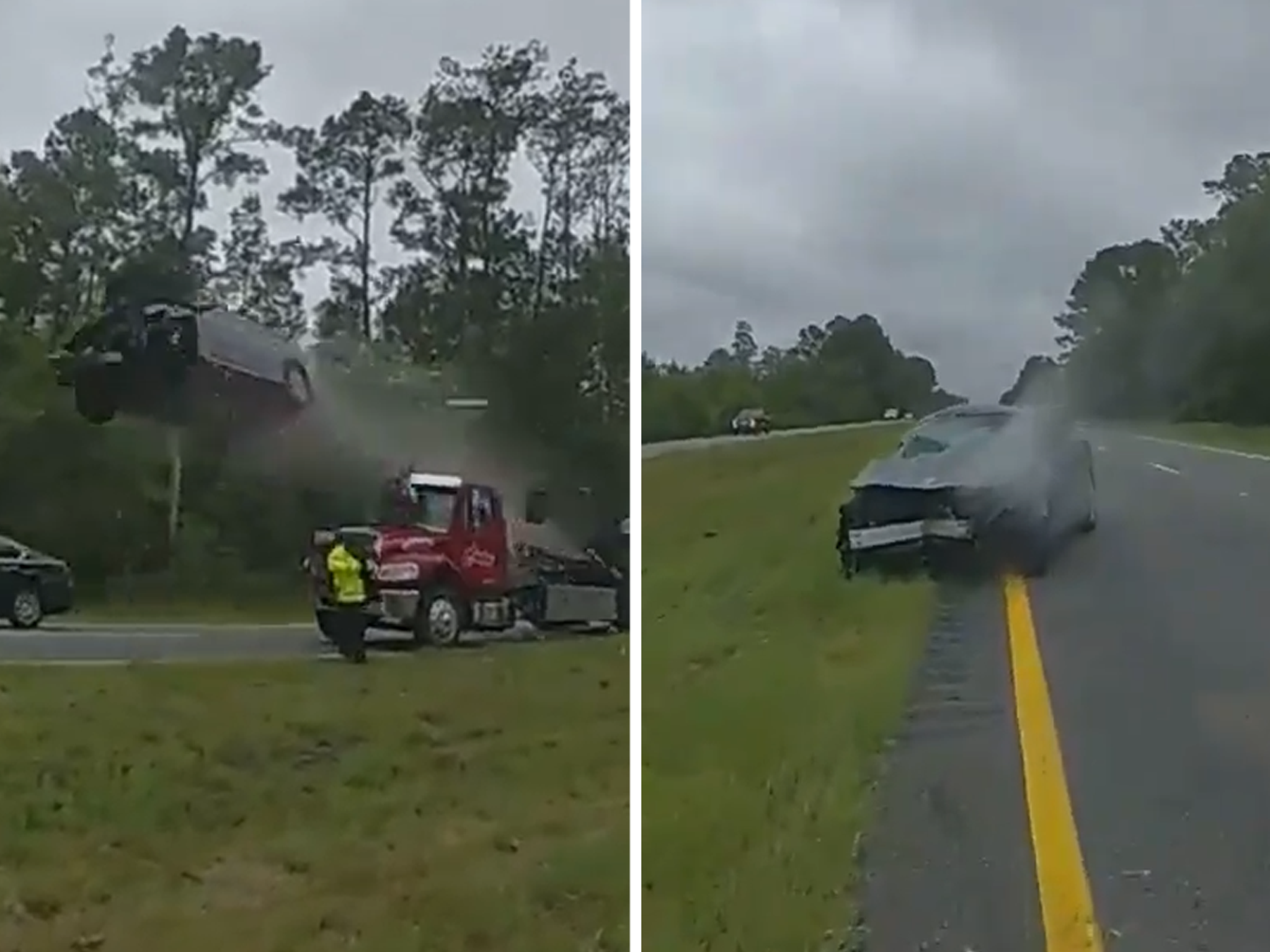 Car flies off freeway, destroys home