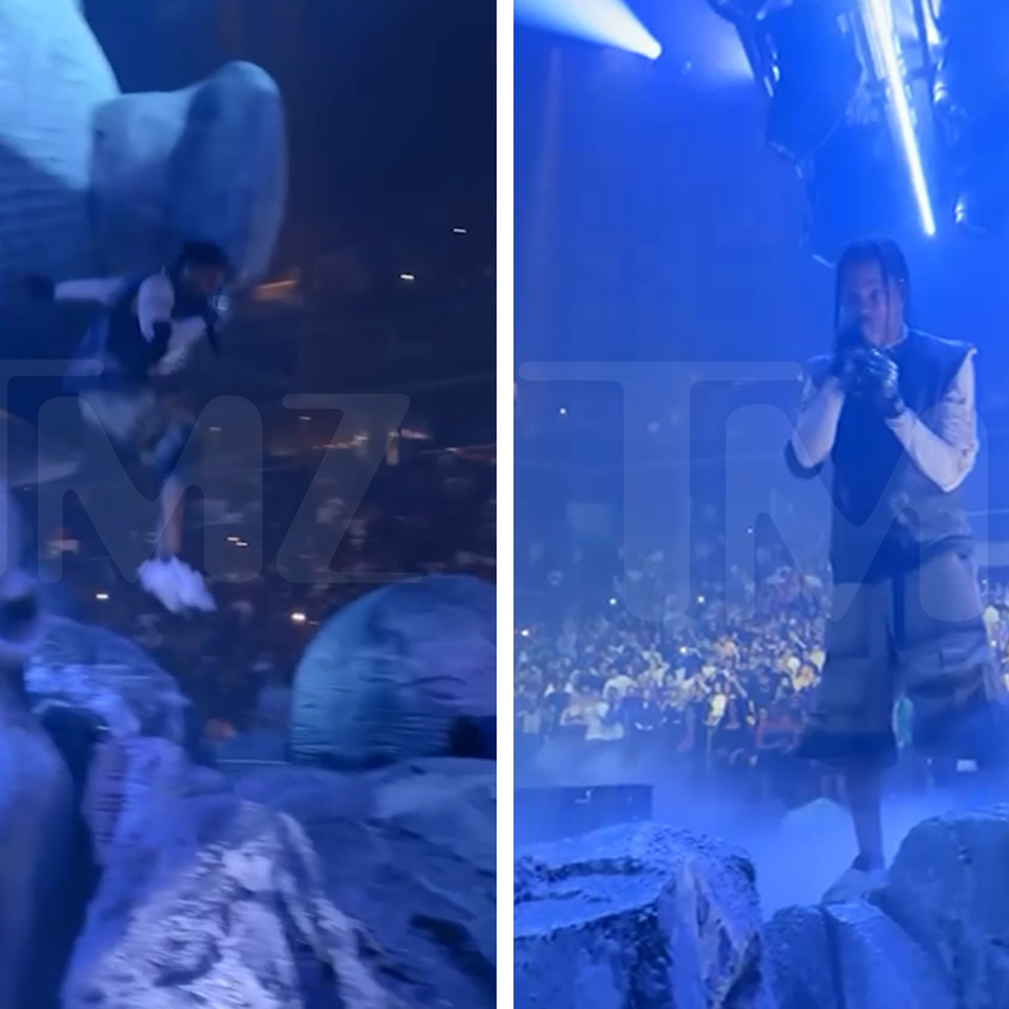 Travis Scott Hit by Head-Shaped Prop, Almost Falls Off the Stage