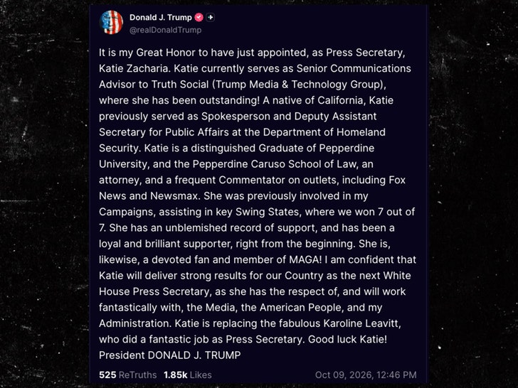 donald trump welcomes Katie Zacharia truth social