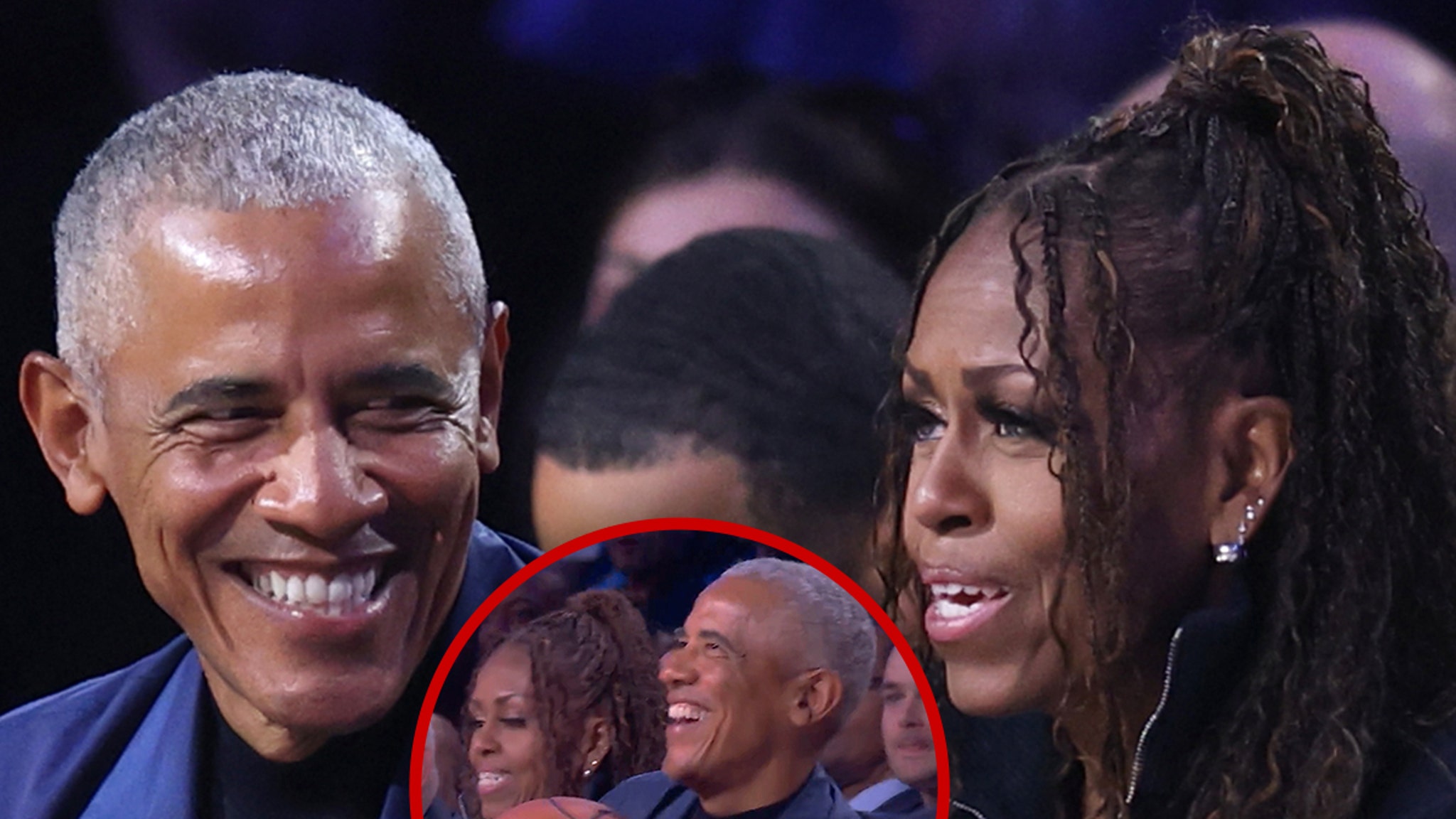 Barack Obama bedenkt een losse bal op de baan tijdens de NBA All-Star Game