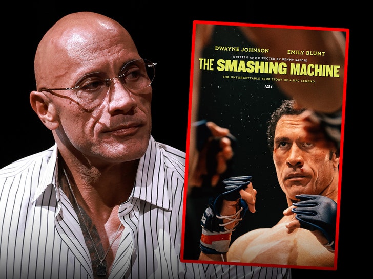 Dwayne Johnson is looking bummed out next to the poster of 