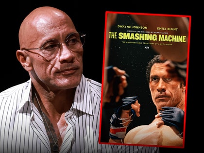 Dwayne Johnson is looking bummed out next to the poster of 