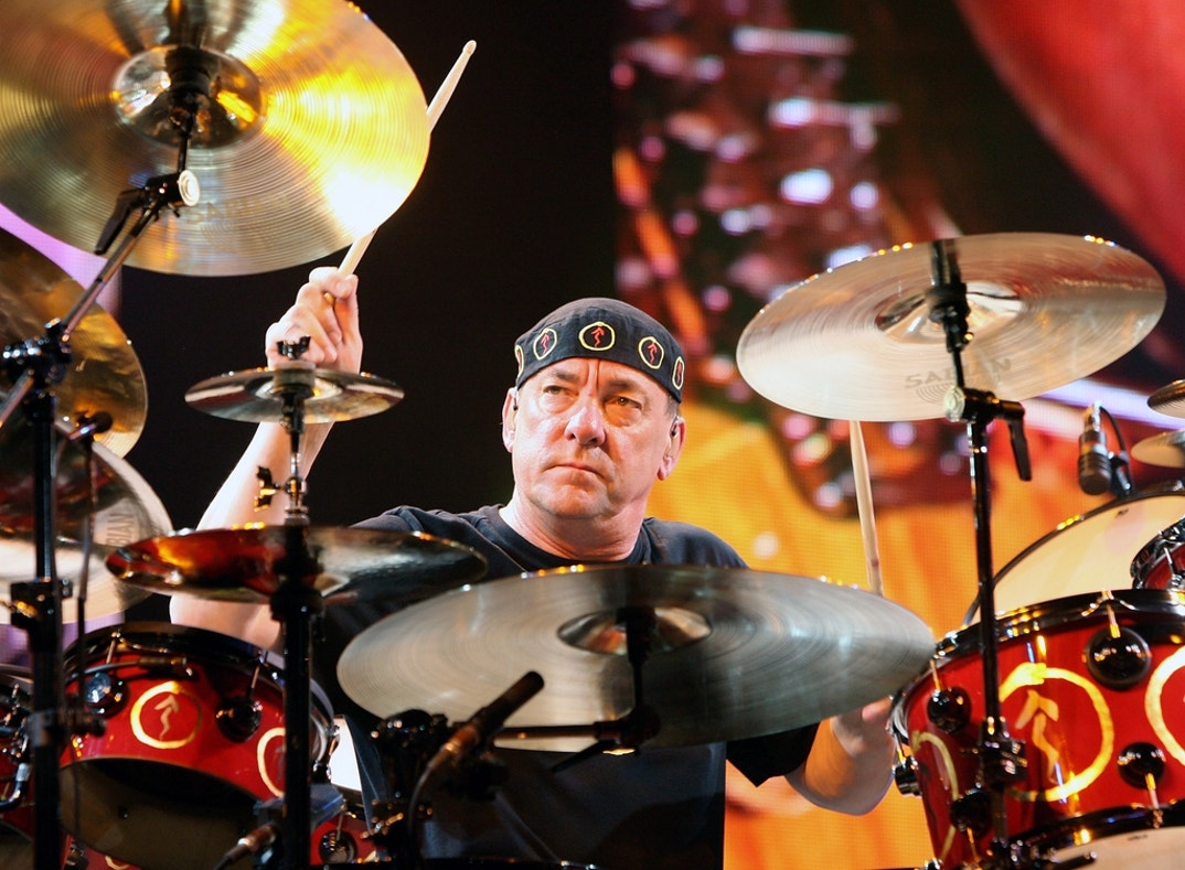 Rush drummer Neil Peart performs at the Mandalay Bay Events Center on May 10, 2008, in Las Vegas, Nevada, while touring in support of the album 