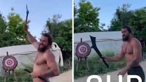 Jason Momoa's Shirtless, Hilariously Teaches Son to Throw Tomahawk