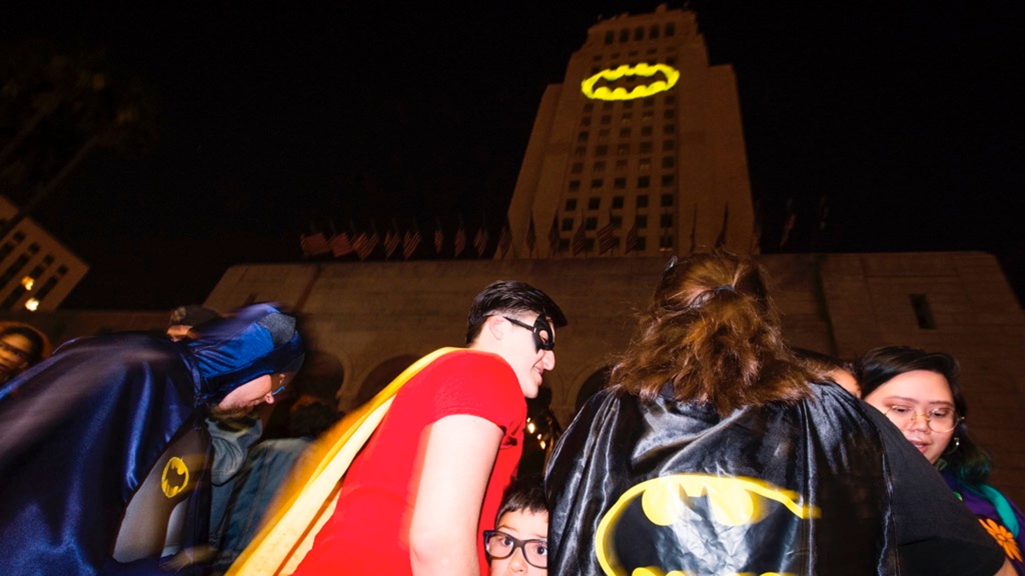 Batman Fans Show Up To Bat Signal Lighting Ceremony