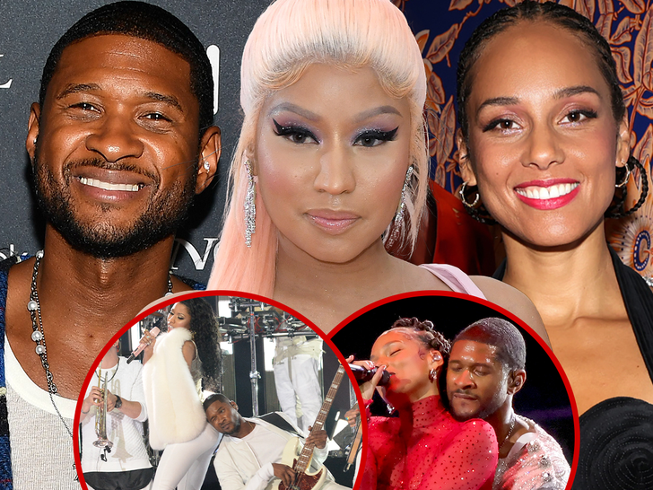 Nicki Minaj, Alicia Keys, and Usher performing at the Super Bowl. Individual close-ups of each of them.