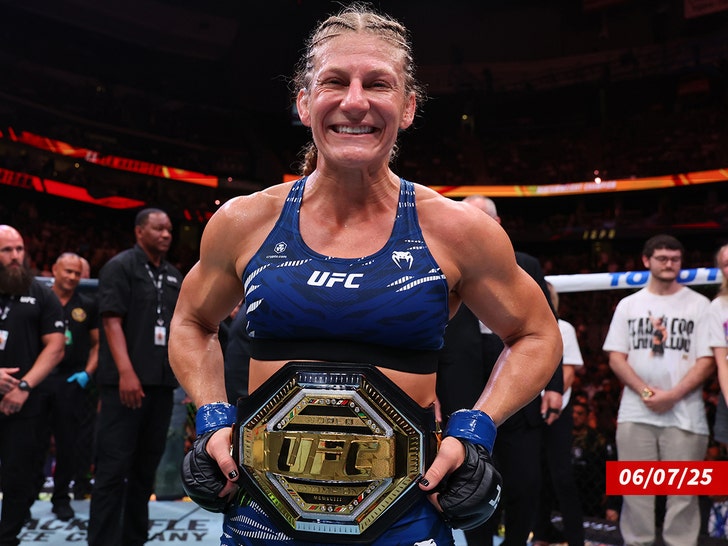 Kayla Harrison celebrates after defeating Julianna Pena in the UFC getty