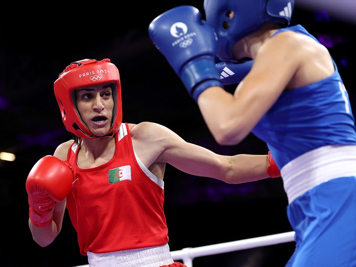 Imane Khelif of Team Algeria and Angela Carini of Team Italy boxing