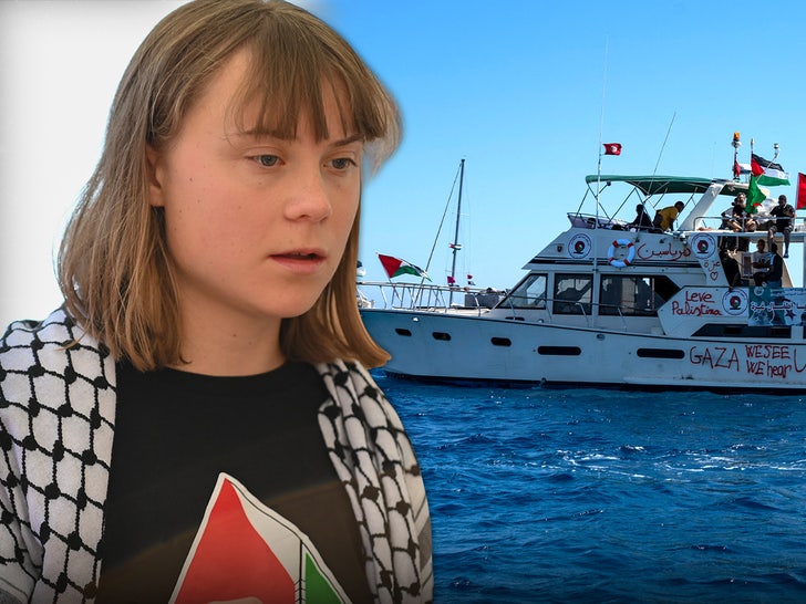 Greta Thunberg's looking tired next to a ship involved with the Global Sumud Flotilla. She's wearing a graphic-printed black shirt and a keffiyeh.