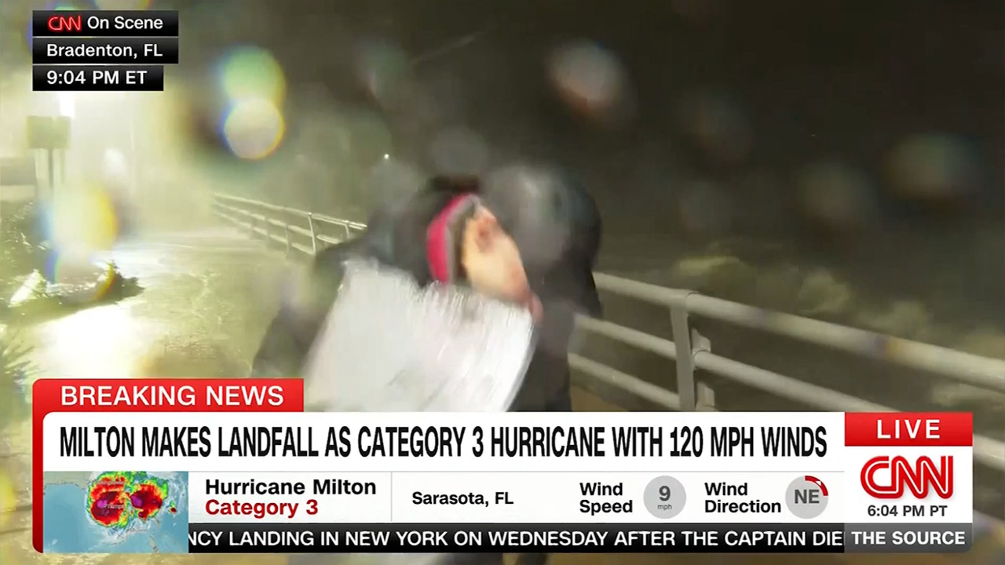 CNN's Anderson Cooper Smacked by Flying Debris Covering Hurricane Milton