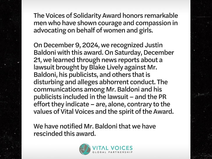 Justin Baldoni Has Women's Advocacy Award Revoked After Blake Lively Lawsuit