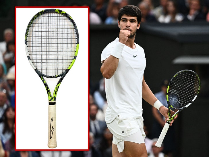 Raquete de tênis de Wimbledon de Carlos Alcaraz para leilão Getty 1