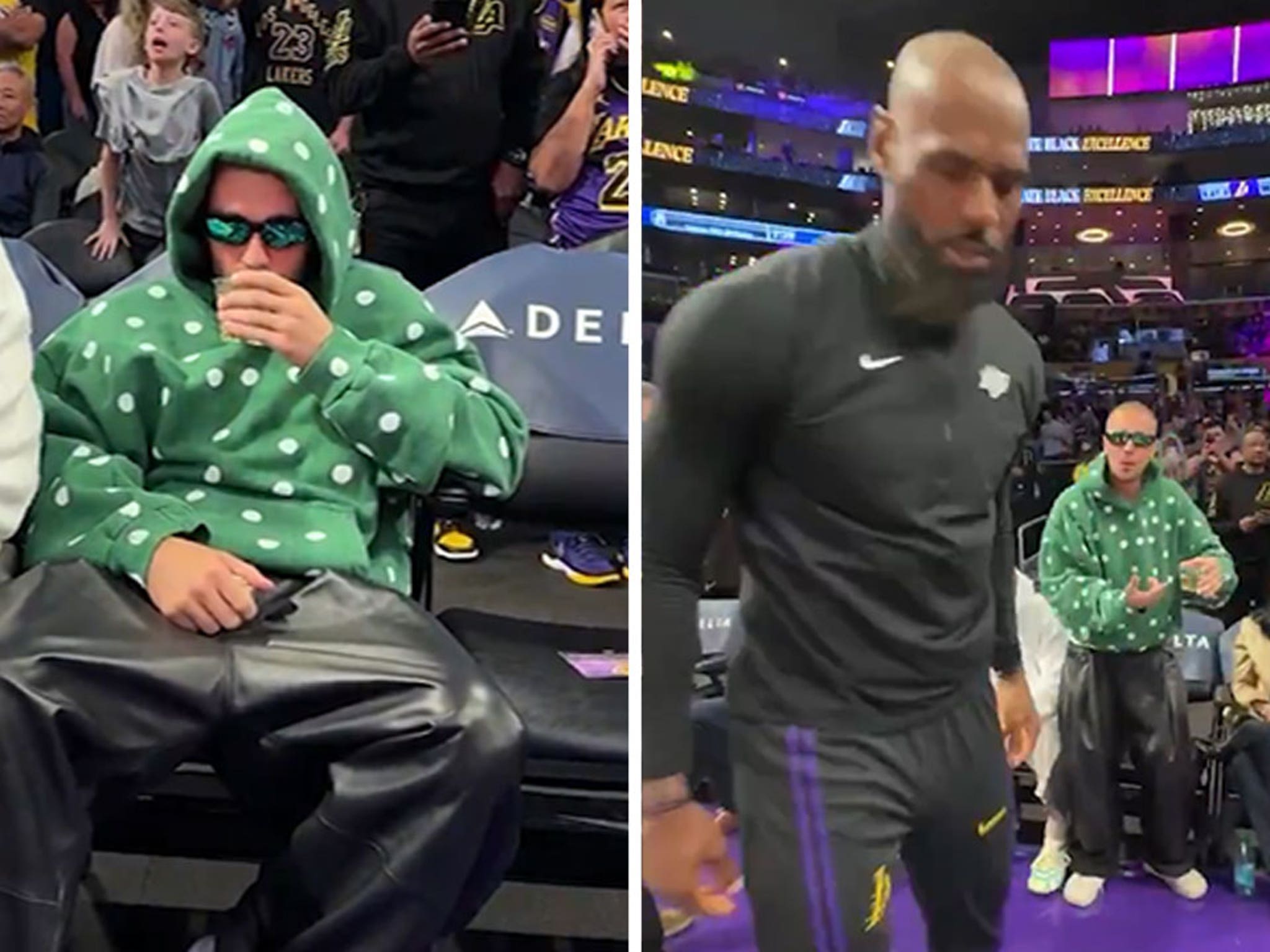 Justin Bieber Daps Up LeBron, Sips Drink Courtside At Lakers Game