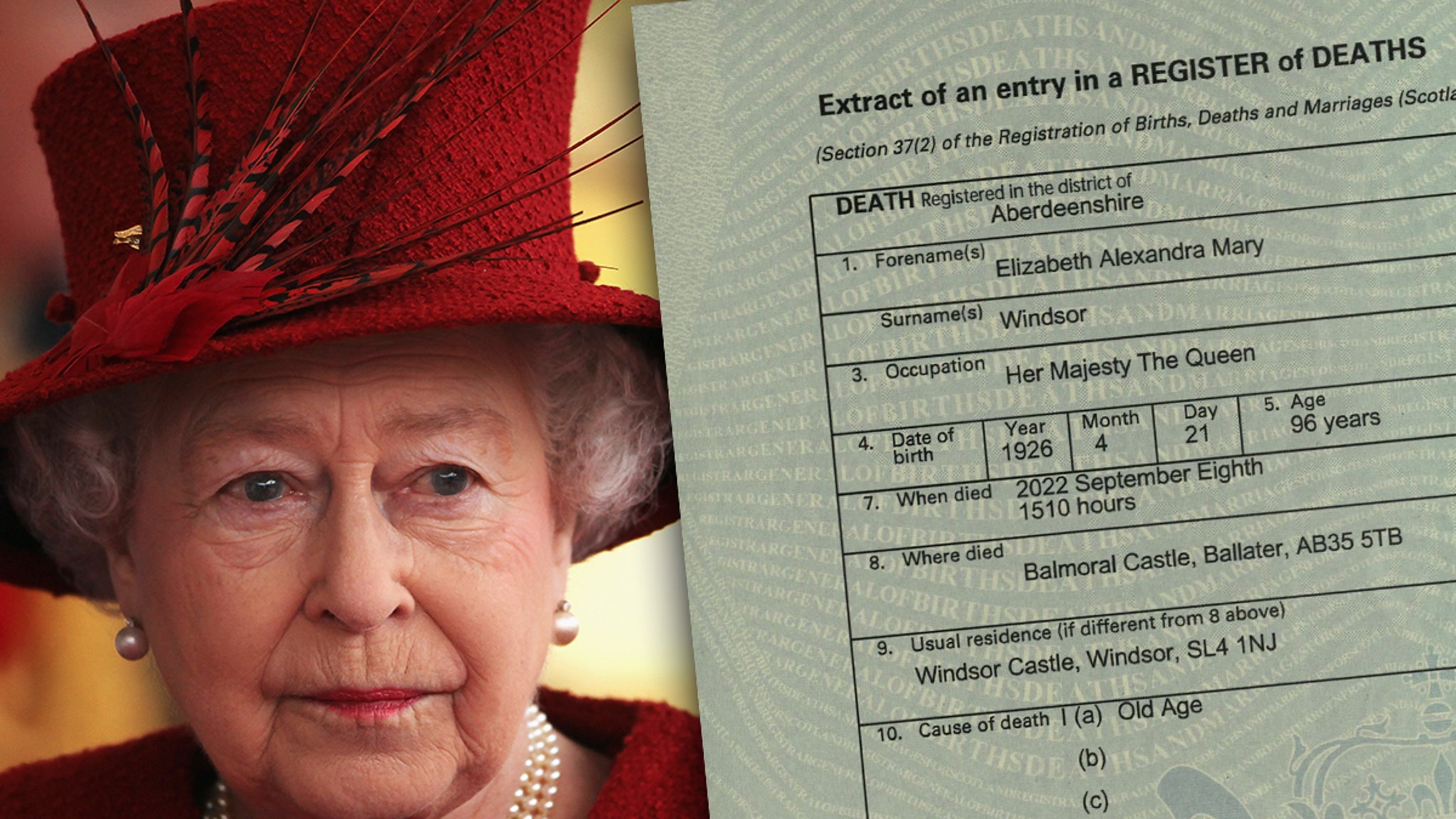 شهادة وفاة الملكة إليزابيث تقول إن الملك توفي بسبب `` الشيخوخة ''
