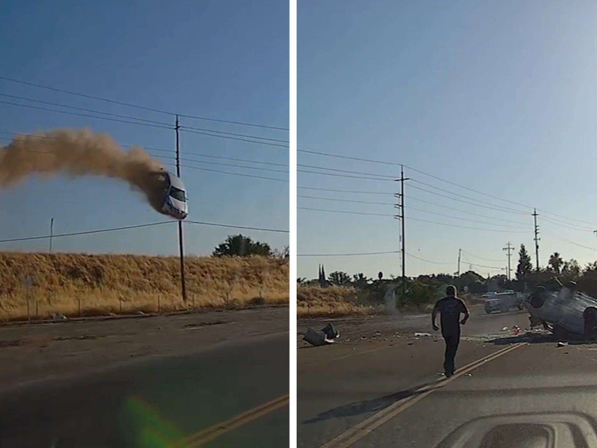 Wild Crash Video of Car Flying Over CA Highway, Smashes Down But Driver  Lives