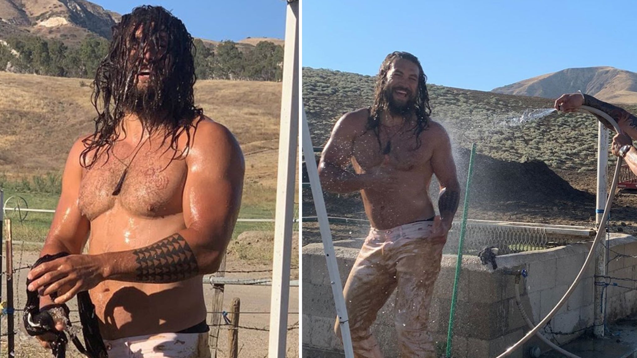 Jason Momoa got muddy on a dune buggy, and had to get hosed down. 