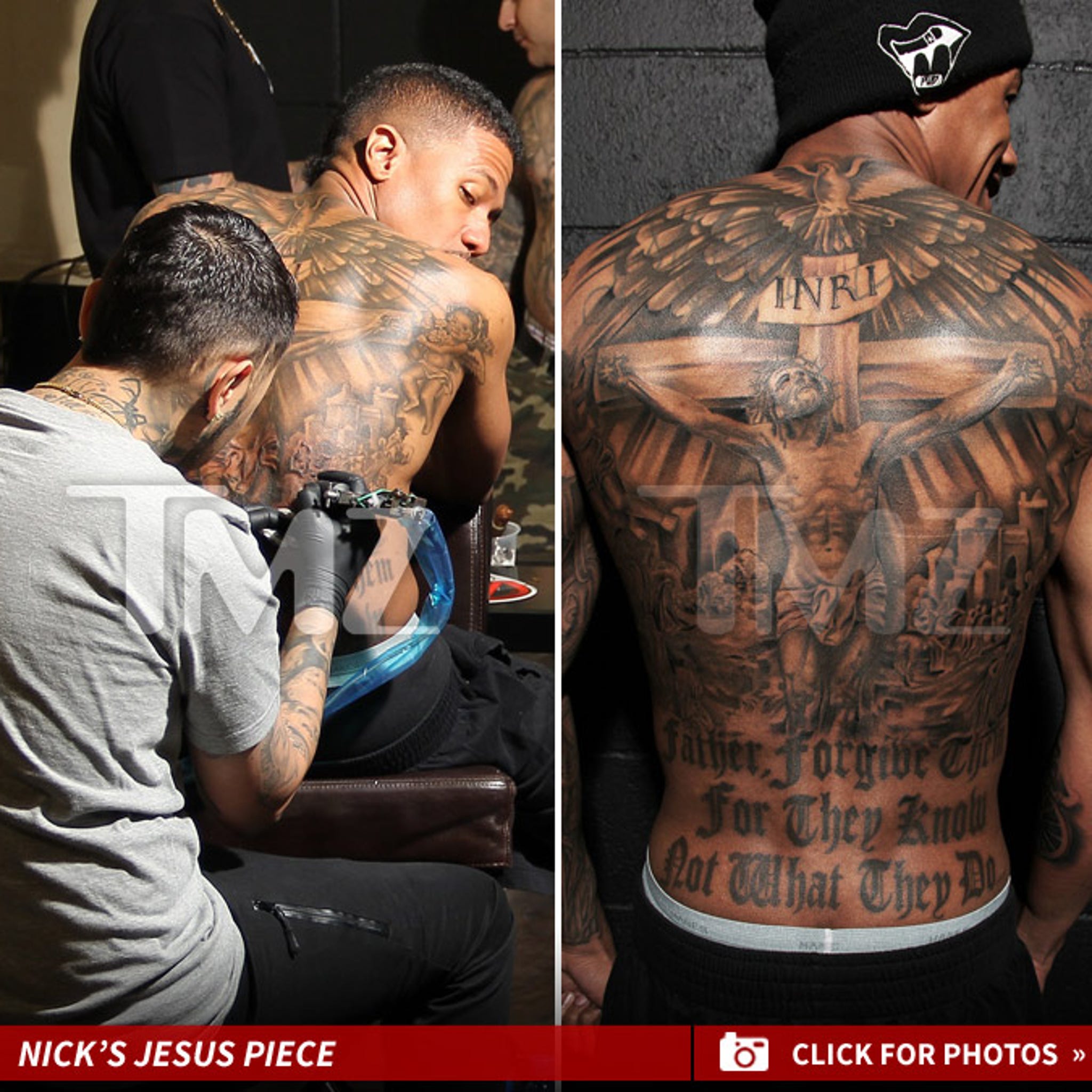 Black Ink 3D Jesus On Cross Tattoo On Man Full Back