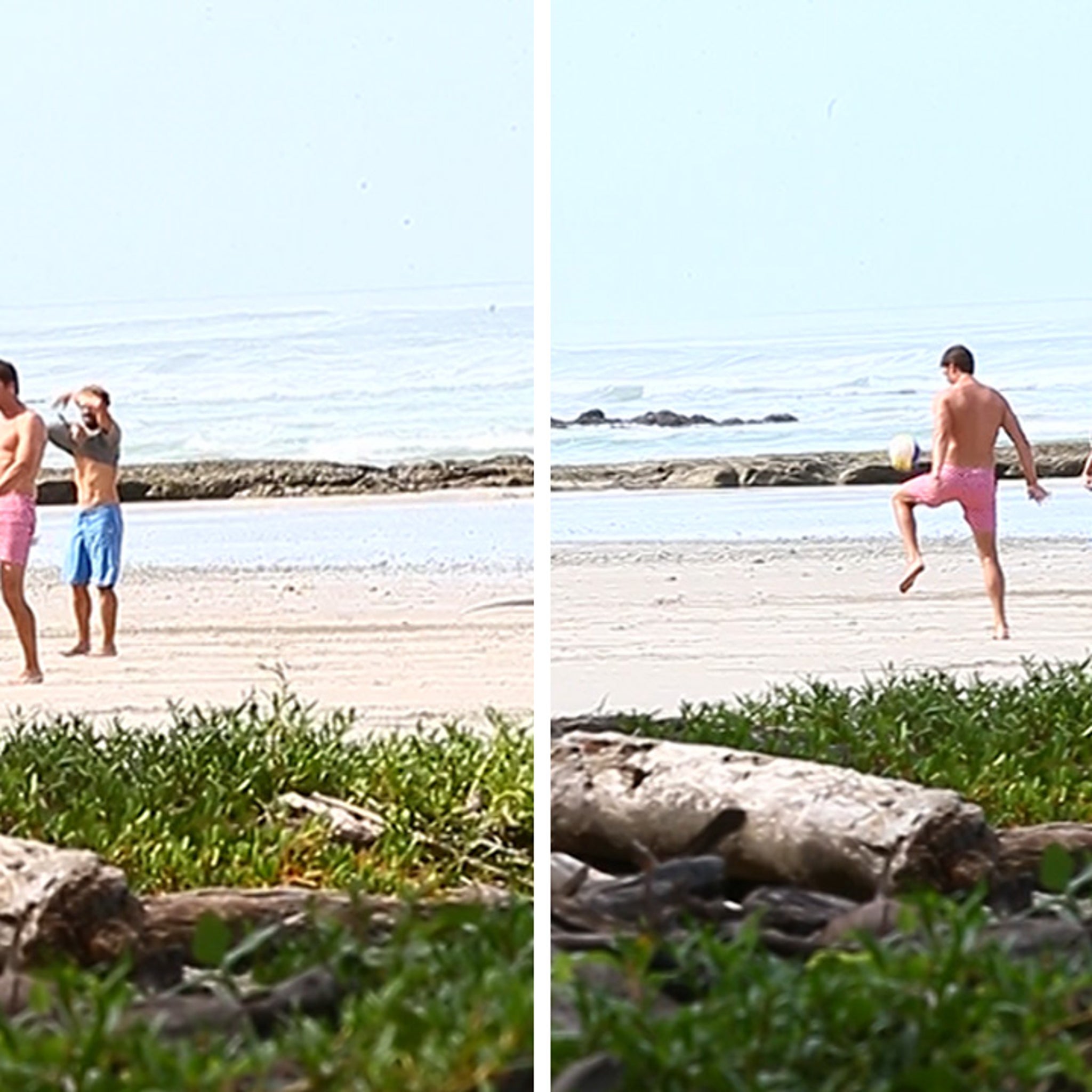 Tom Brady goes shirtless for a game of beach football with his son