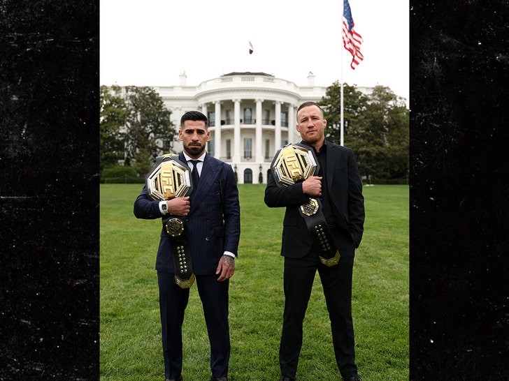 Ilia Topuria and Justin Gaethje pose on the South Lawn in front of the White House getty