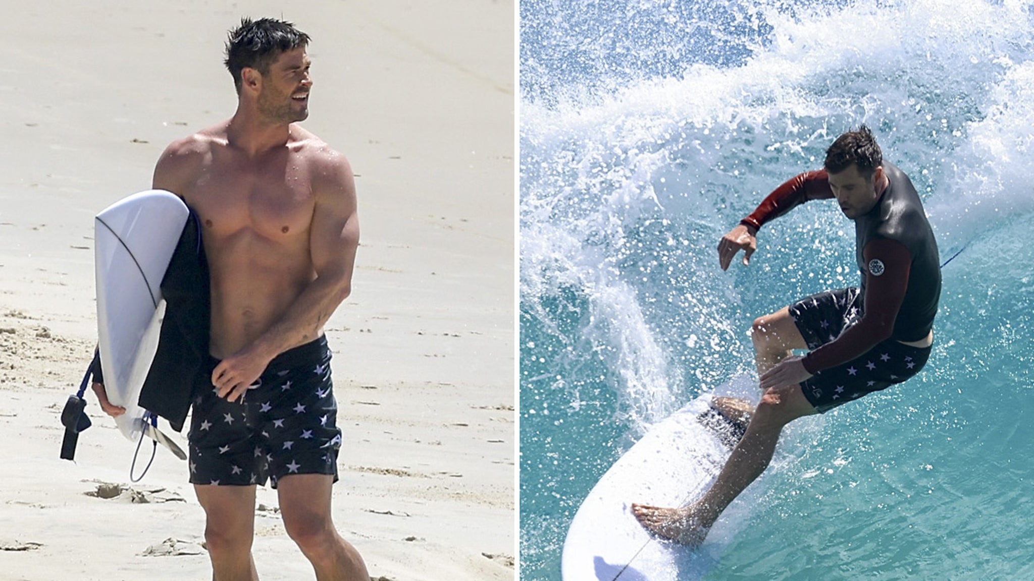 Chris Hemsworth Surfs at Home di Australia, gelombang parut dengan perut parut