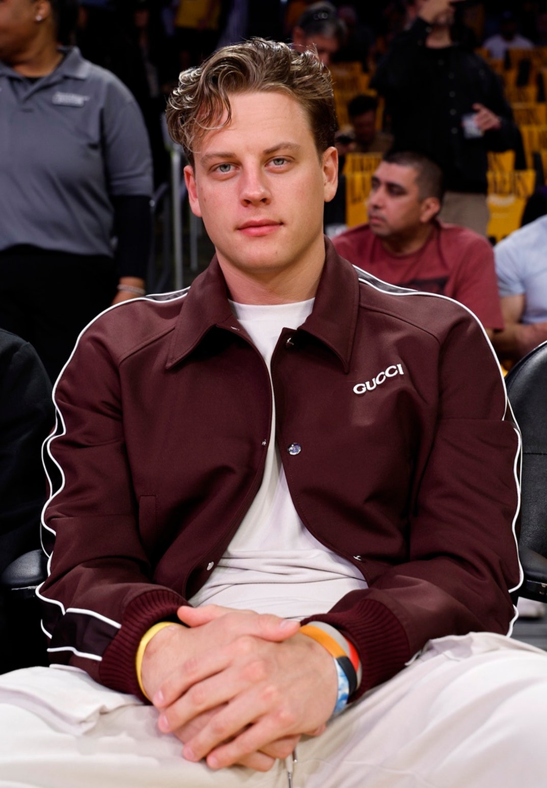 Joe Burrow is taking the game very seriously at the Lakers and Timberwolves basketball game at Crypto.com Arena on April 19, 2025 in Los Angeles