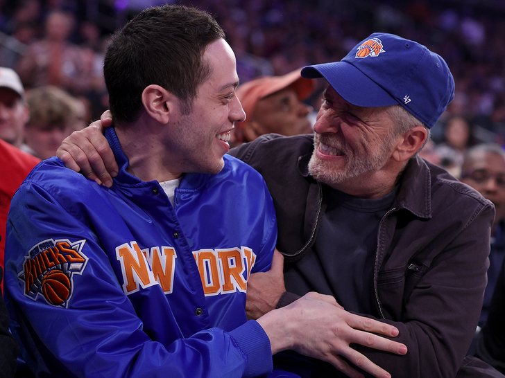 Pete Davidson and Jon Stewart attend game Game Four of the Eastern Conference First Round Playoffs