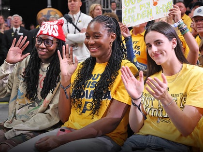 Caitlin Clark, Aliyah Boston & Natasha Howard at Pacers v Thunder launch getty