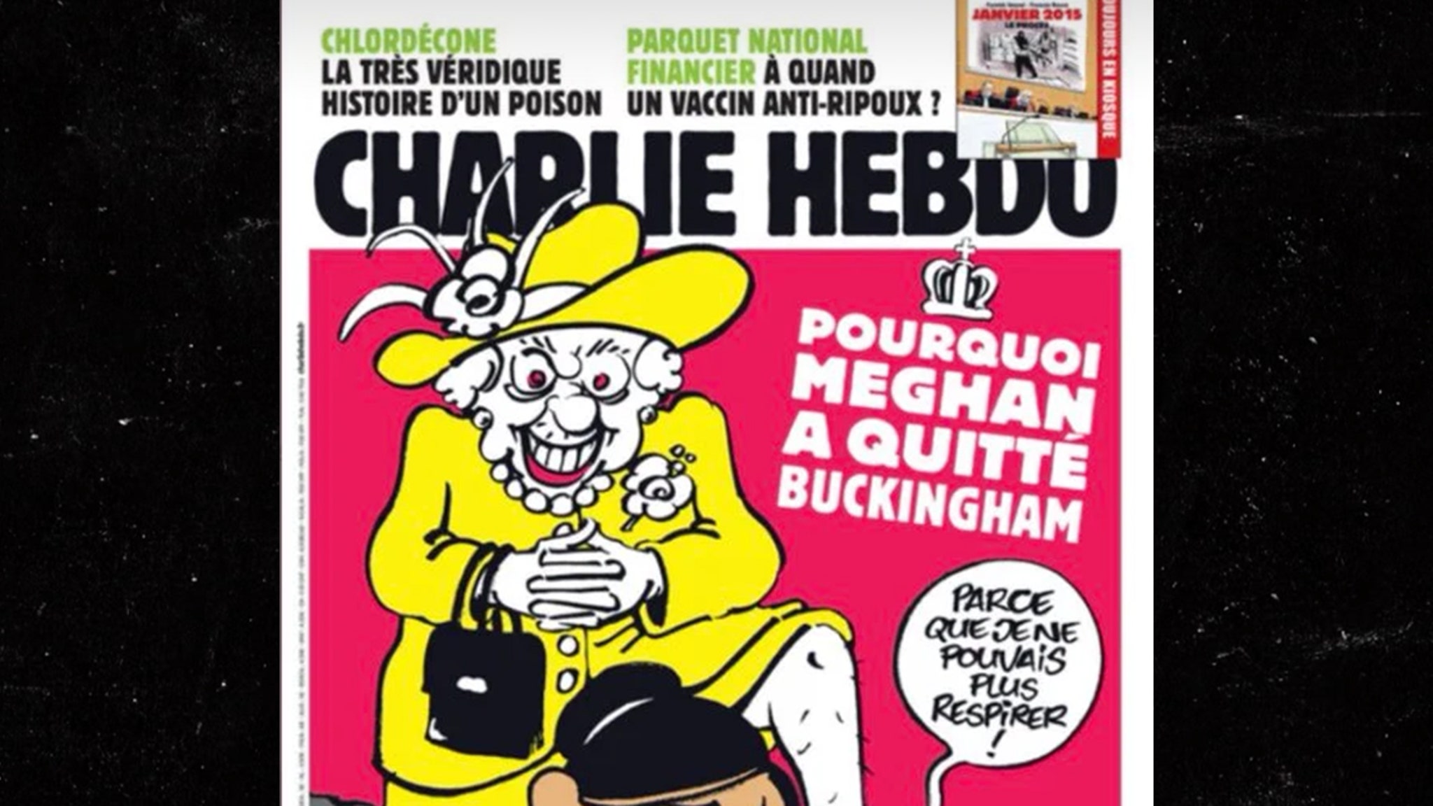 Queen Elizabeth kneels on Meghan Markle’s neck in Charlie Hebdo Cover