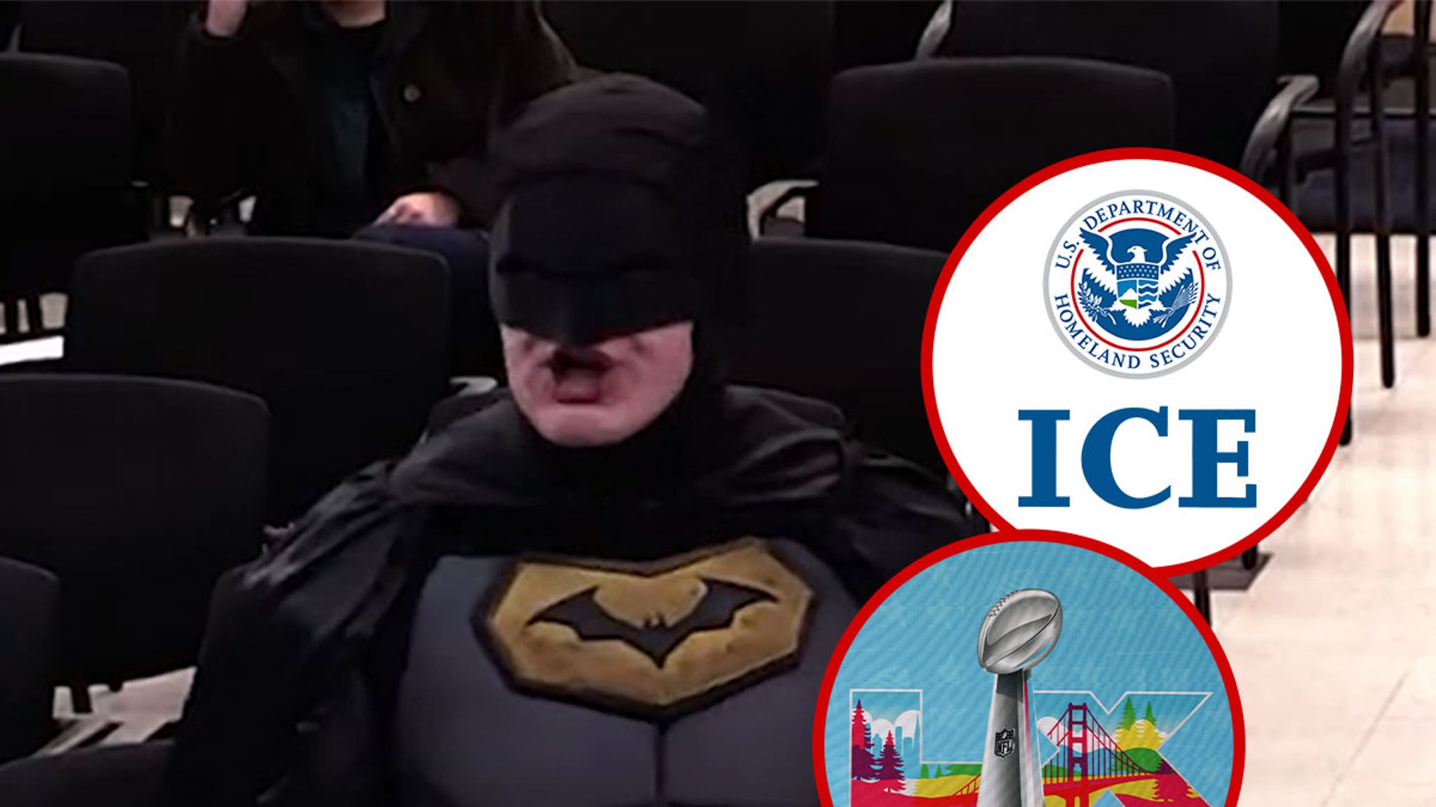 Man verkleed als Batman hekelt de gemeenteraad van Santa Clara vanwege samenwerking met ICE