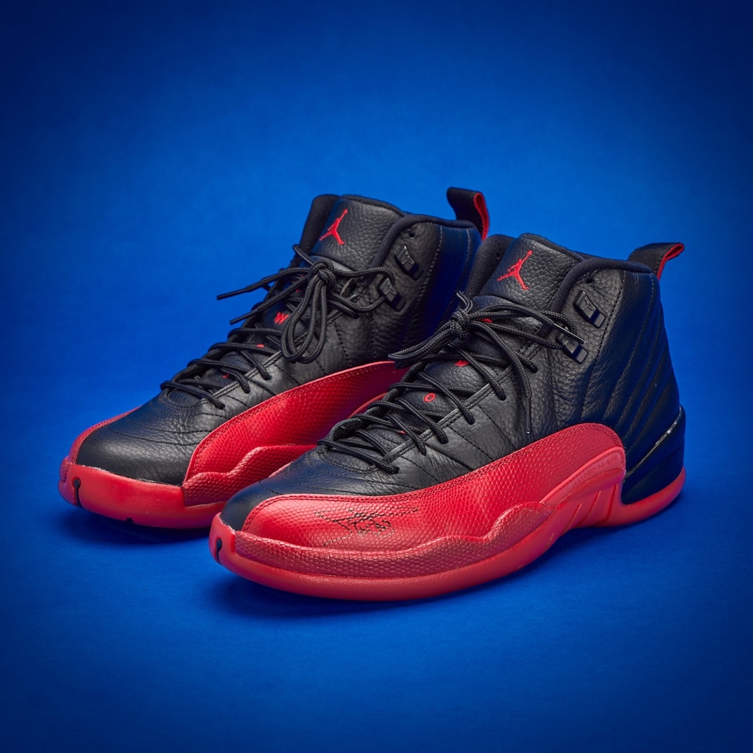 Nike Air Jordan 12 “Flu Game” — worn entering the Warriors–Jazz matchup, echoing Michael Jordan’s iconic 1997 Finals performance.