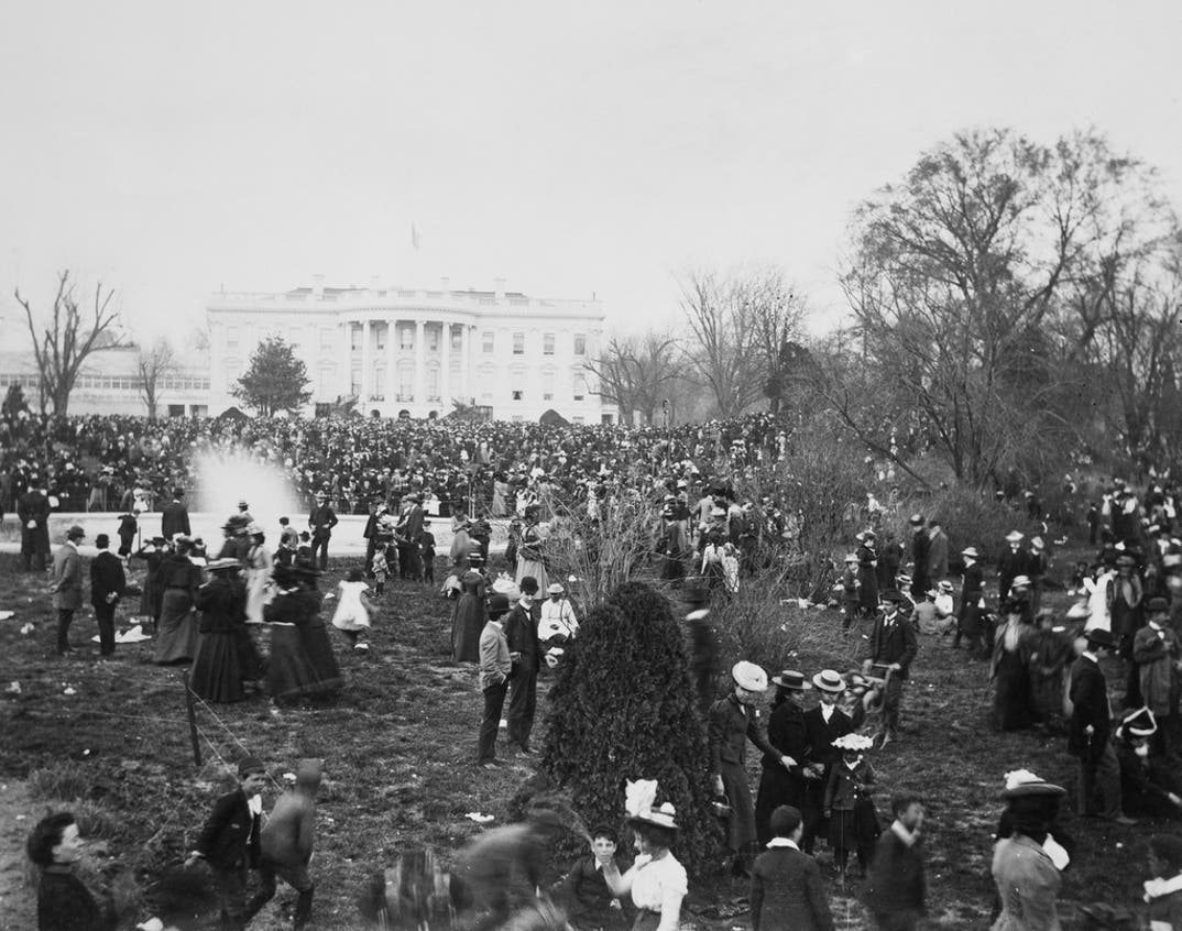 Easter Egg Roll, South Lawn, White House, Washington, D.C.
Crowds of people participate in the White House Easter Egg Roll, on the South Lawn, with the semi-circular portico of the White House in the background, Washington, DC, circa 1922.