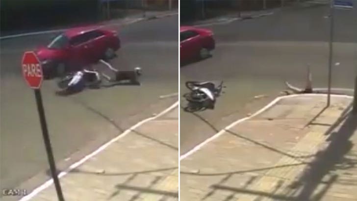 Moped Rider Hit by Car Falls Straight into Storm Drain, Worst Luck Ever
