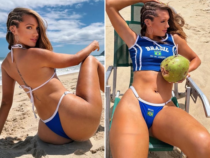 Uau, Vicky vista de biquíni fio dental azul no Brasil