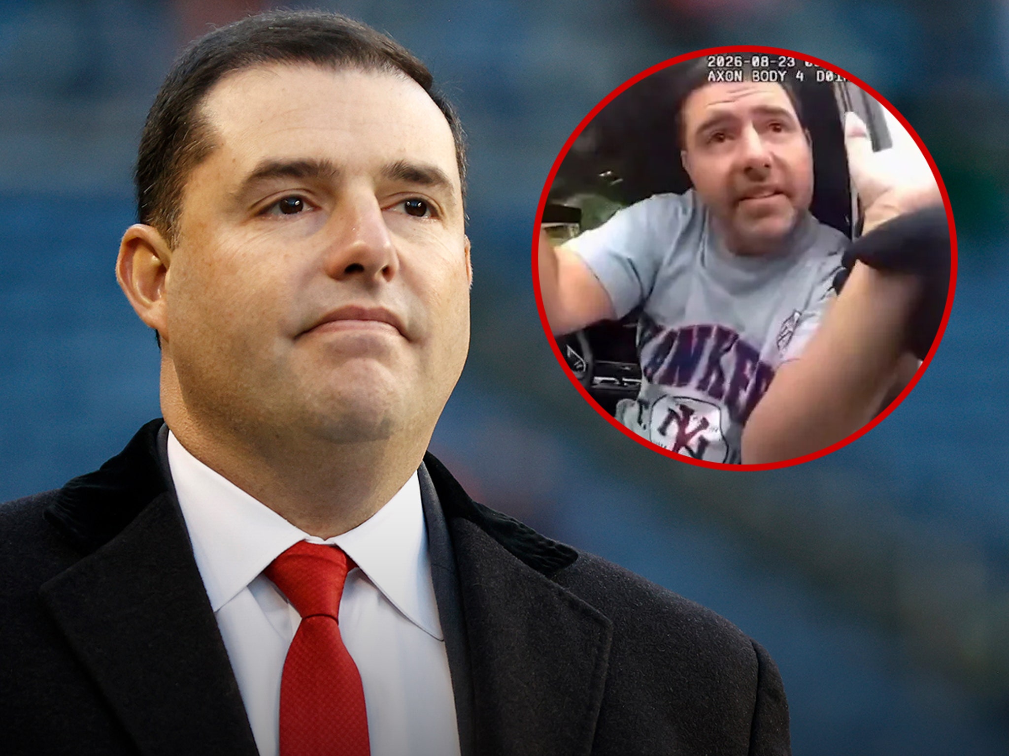Alternate crop of the TMZ composite image tied to Jed York’s arrest and NFL discipline.