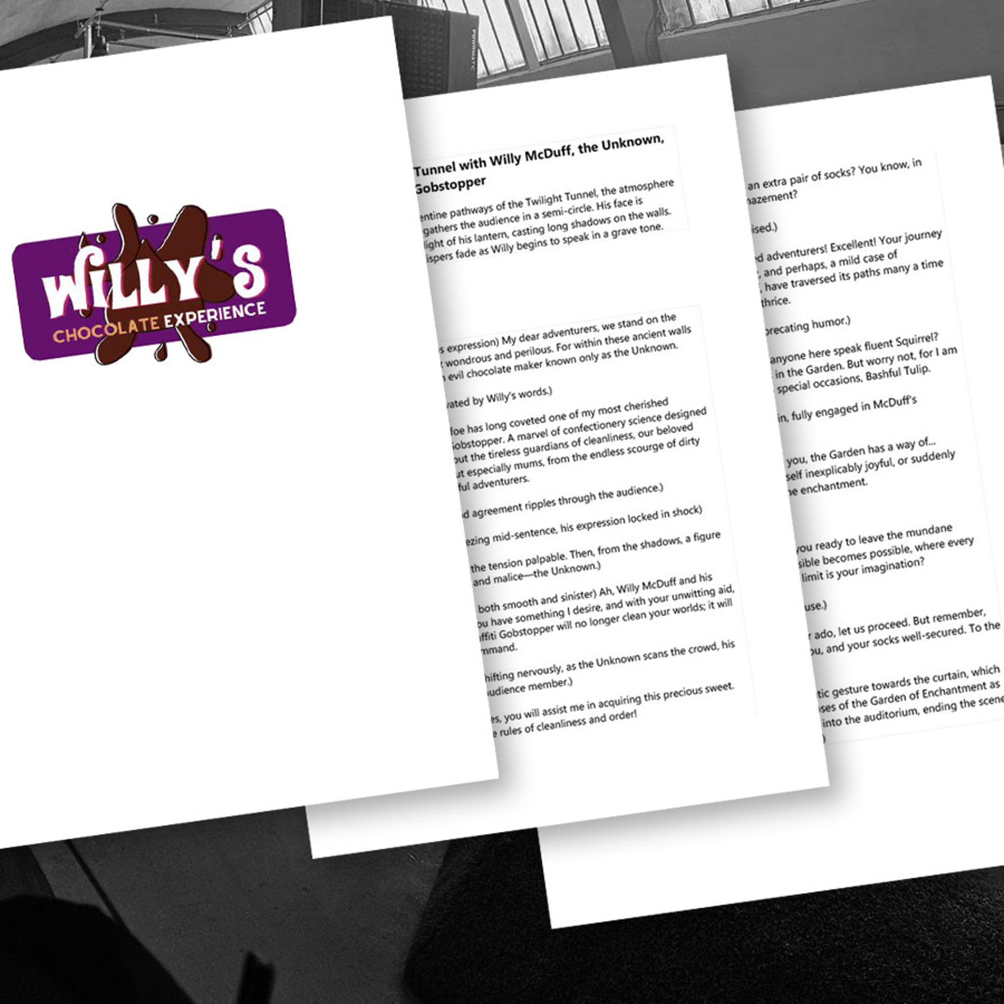 cigarettes and chocolate play script Willy Wonka Experience Script