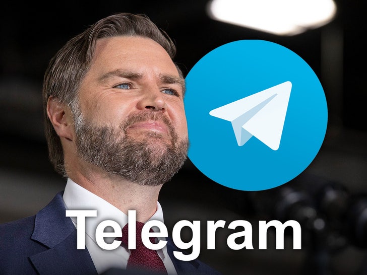 J.D. Vance is seen smiling next to the Telegram logo. He's wearing a blue jacket, a white shirt, and a red tie.