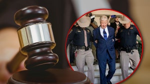 Robert Morris is seen being led down a set of stairs by a pair of police officers next to a gavel and block.