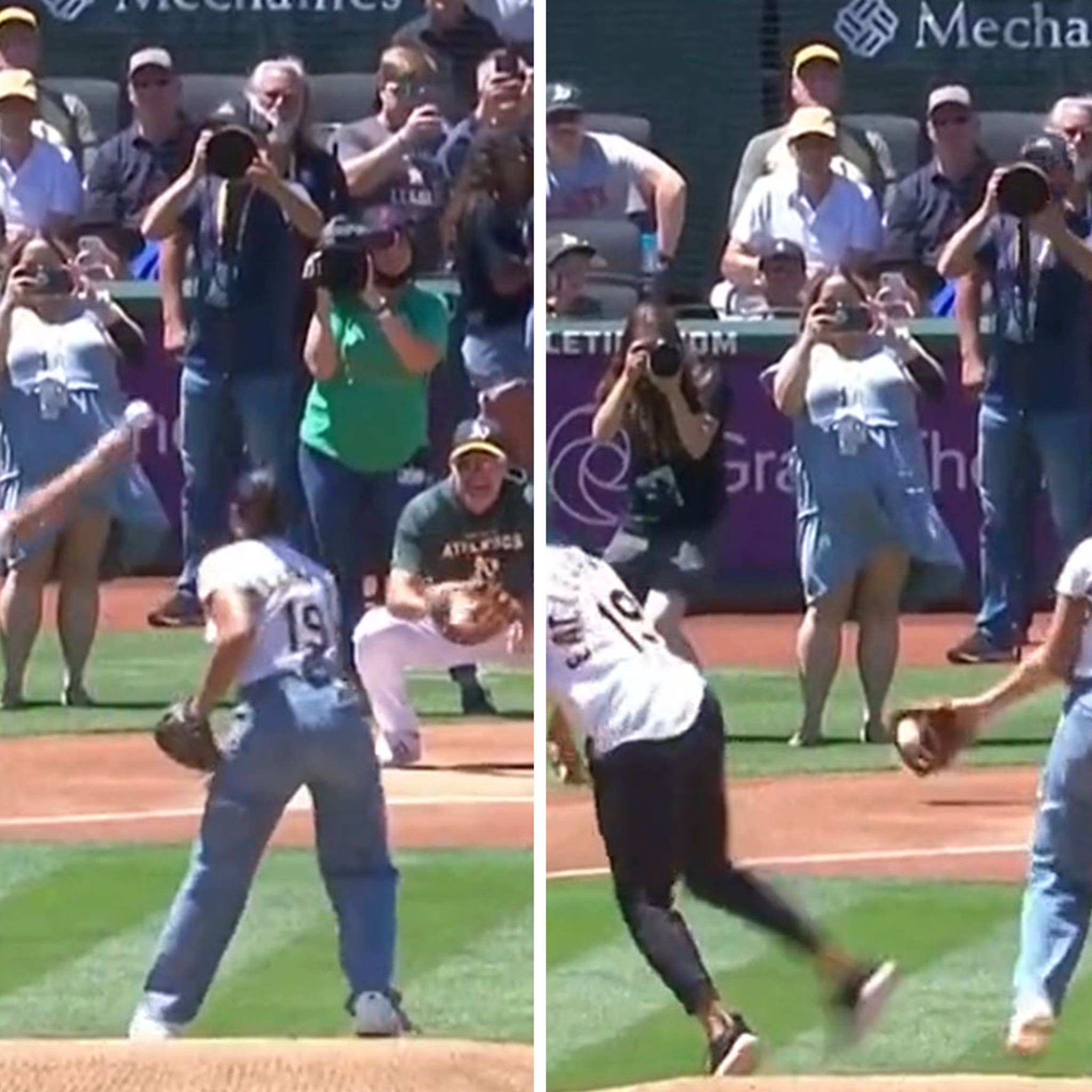 Stephen Curry Throws Wild First Pitch at Oakland A's Game with Ayesha