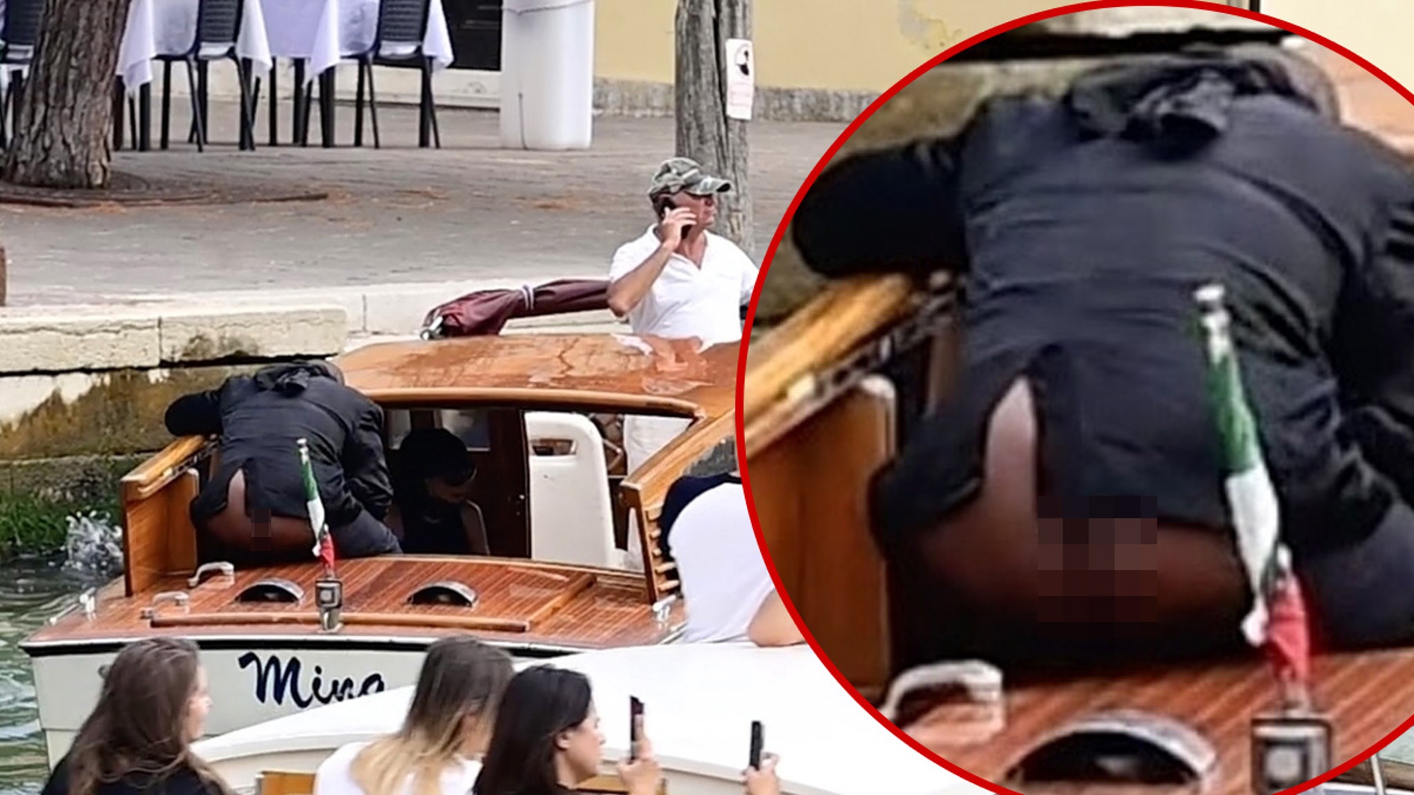 Kanye West shows off his bare bottom in a river taxi in Italy