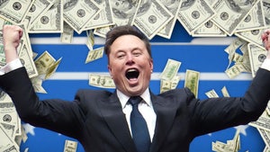 Elon Musk is seen celebrating in front of numerous 100-dollar bills. He's wearing a black jacket, a white shirt and a blue tie.